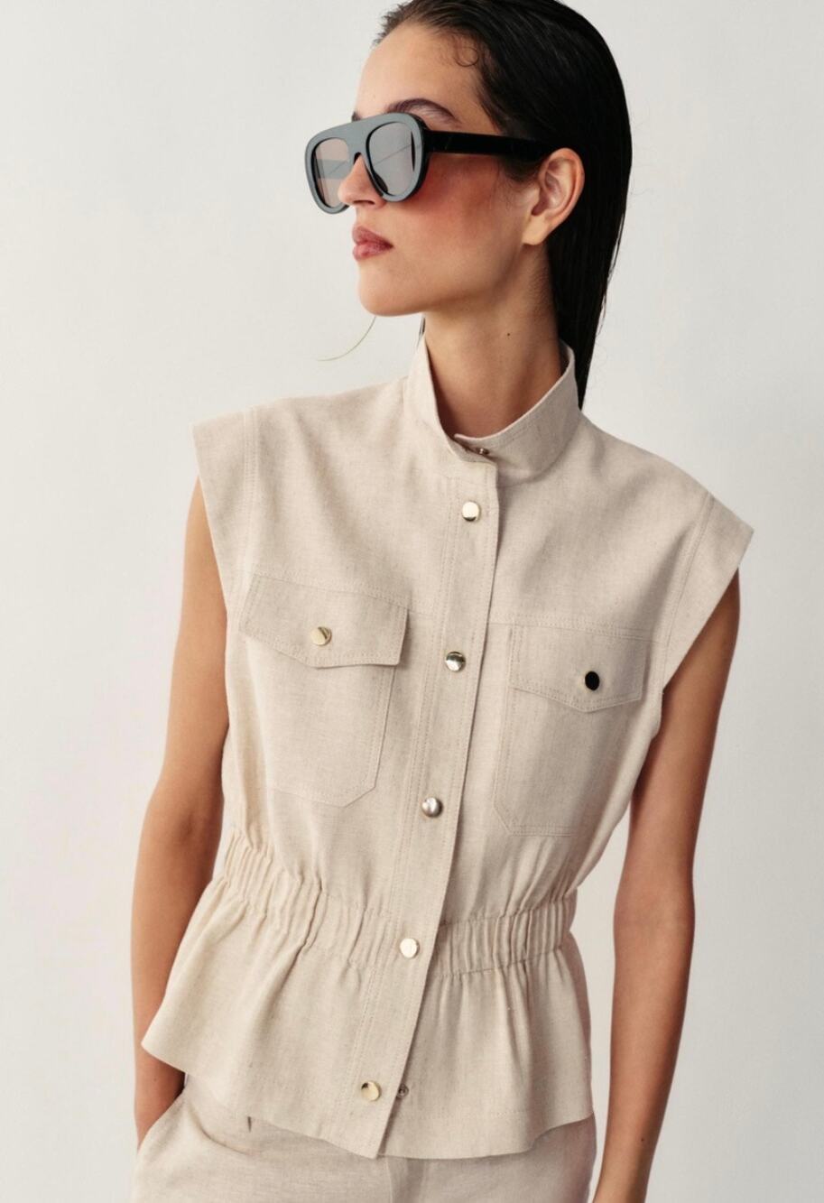 Zara Linen Blend Pocket Vest Top Cream Elastic Waist Women's L